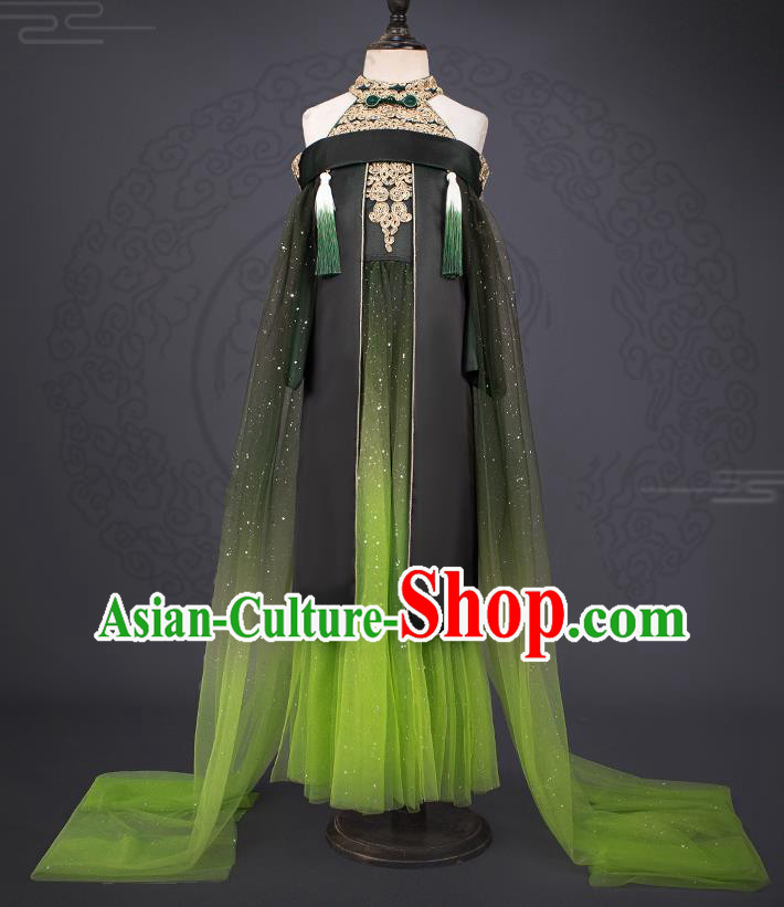 Professional Children Catwalks Fashion Costume Stage Show Green Dress Modern Dance Clothing Girl Princess Garment