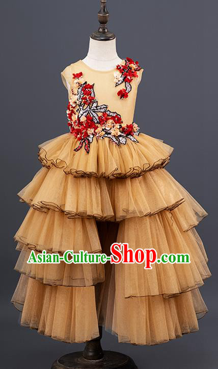 Professional Girl Princess Garment Children Catwalks Fashion Costume Stage Show Yellow Veil Full Dress Modern Dance Clothing
