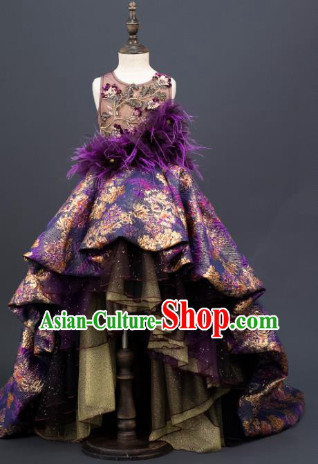 Professional Stage Show Purple Full Dress Girl Modern Dance Clothing Princess Garment Children Catwalks Fashion Costume