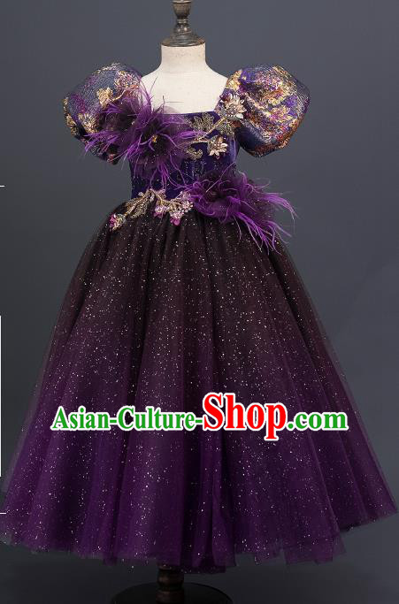 Professional Little Model Garment Children Catwalks Fashion Costume Stage Show Purple Veil Dress Girl Modern Dance Clothing