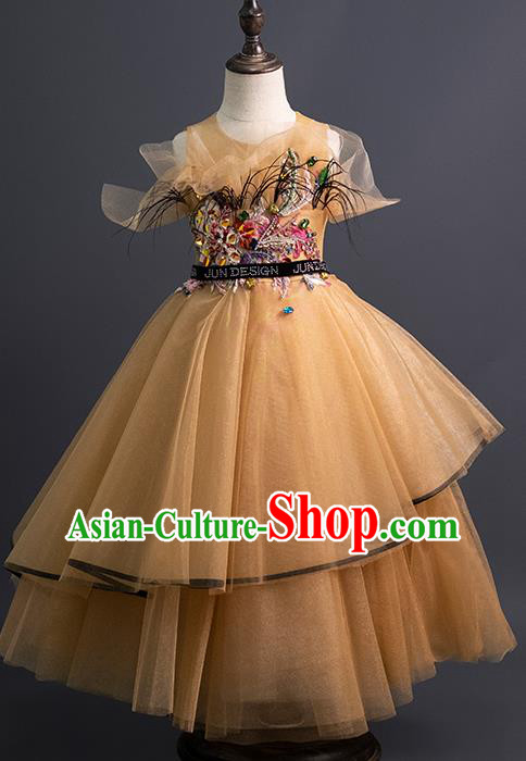 Professional Girl Modern Dance Clothing Little Model Garment Children Catwalks Fashion Costume Stage Show Yellow Veil Dress