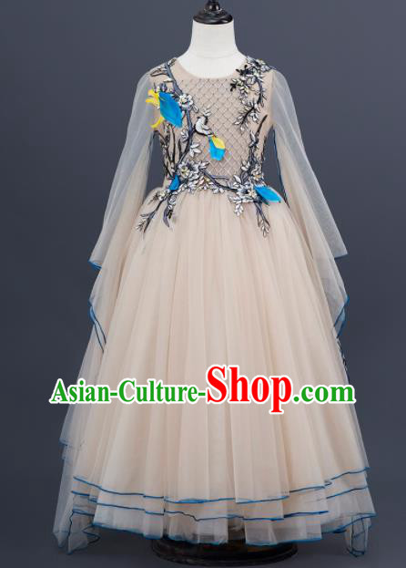 Professional Modern Dance Clothing Girl Princess Garment Children Catwalks Fashion Costume Stage Show Beige Full Dress