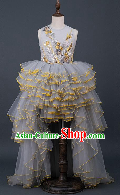 Professional Baroque Princess Fashion Children Catwalks Grey Veil Trailing Full Dress Girl Dance Garment Costume Stage Show Clothing