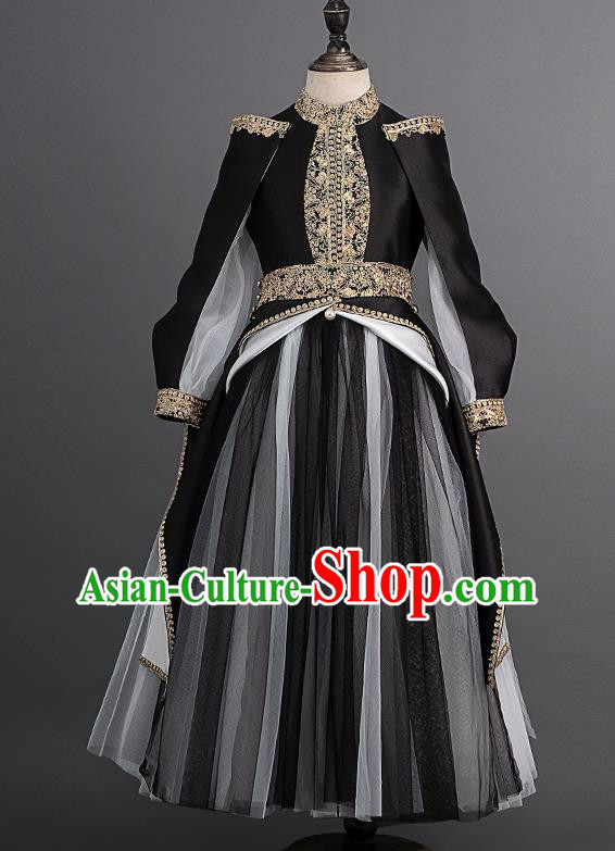 Professional Girl Stage Show Clothing Princess Fashion Children Catwalks Black Full Dress Piano Recital Garment Costume