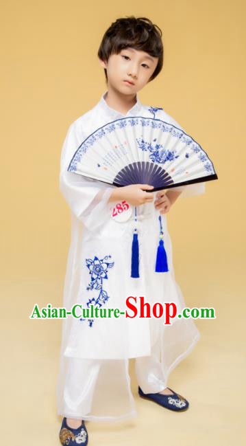 Chinese Boys Cross Talk Performance Costumes Tang Suit White Uniforms Children Stage Show Clothing