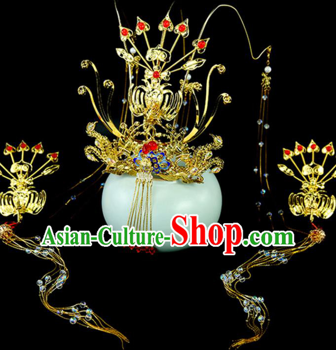 Chinese Traditional Ming Dynasty Empress Hair Accessories Ancient Court Woman Golden Phoenix Hair Crown and Hairpins