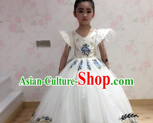 Professional Piano Recital Garment Costume Girl Stage Show Clothing Princess Fashion Children Catwalks White Full Dress
