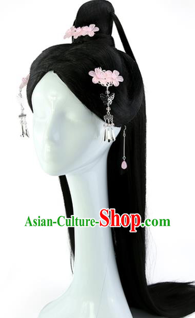 China Ancient Swordswoman Wigs Traditional Hanfu Chignon Hairpieces Jin Dynasty Palace Princess Black Long Wig Sheath