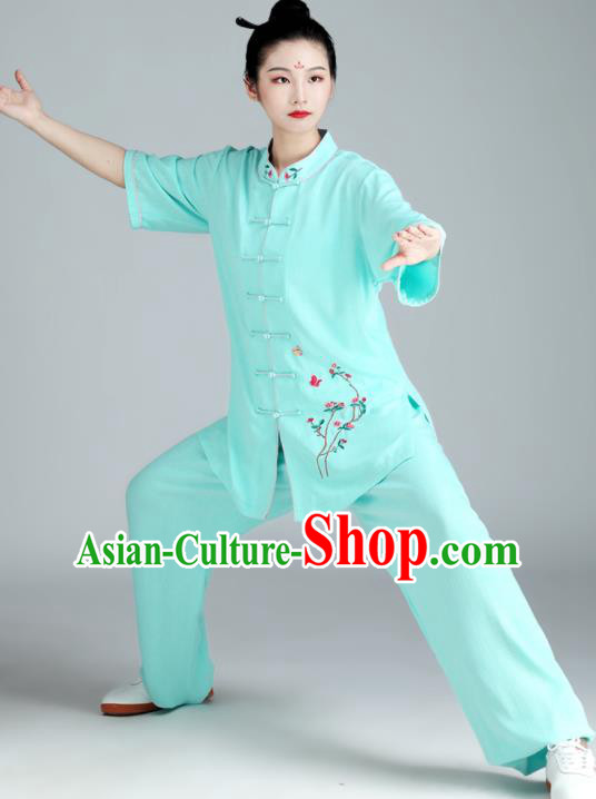 Chinese Tai Chi Clothing Kung Fu Green Flax Uniforms Wushu Competition Garment Costumes Martial Arts Embroidered Plum Clothing