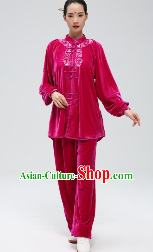 China Tai Chi Sword Clothing Kung Fu Embroidered Rosy Pleuche Uniforms Martial Arts Competition Outfits Wushu Garment Costumes