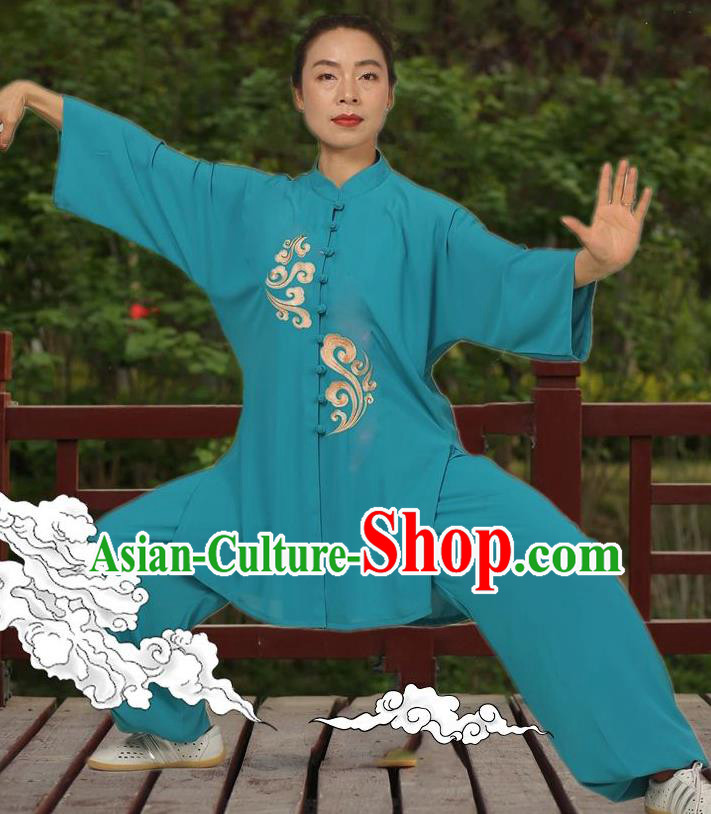 Professional Chinese Kung Fu Training Blue Uniforms Tai Chi Competition Suits Martial Arts Performance Clothing