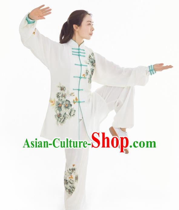 Professional Chinese Kung Fu Training Painting Flowers White Uniforms Tai Chi Competition Suits Martial Arts Performance Clothing