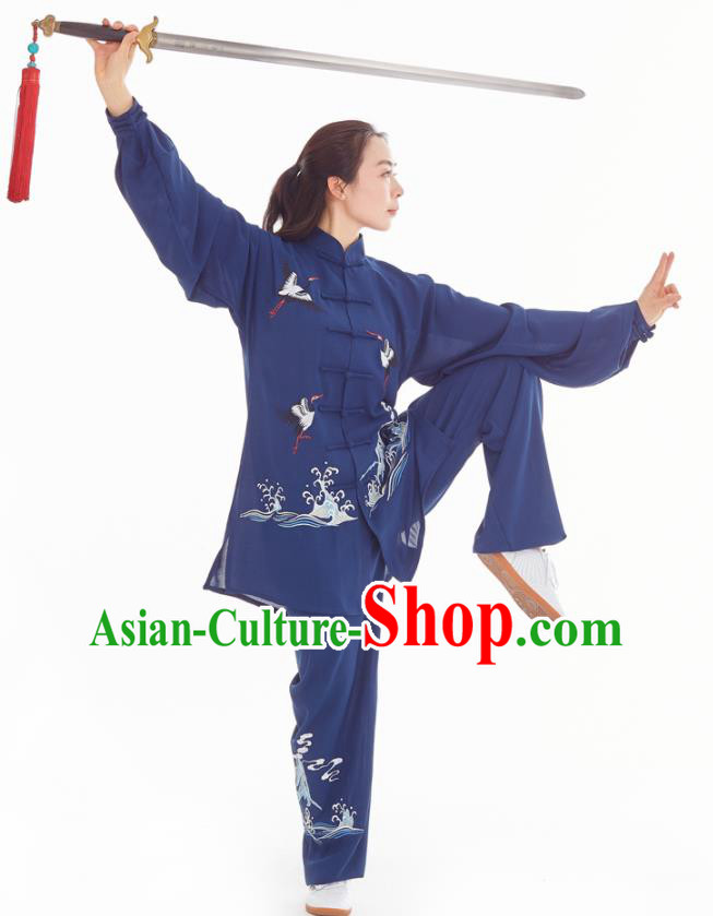 Professional Chinese Tai Chi Competition Embroidered Crane Navy Suits Taiji Sword Performance Clothing Kung Fu Training Uniforms