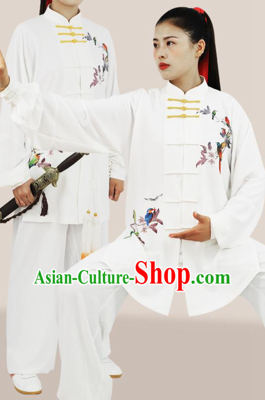 Chinese Tai Chi Competition Printing Flower Bird White Uniforms Adults Kung Fu Show Clothing Martial Arts Garment Costumes