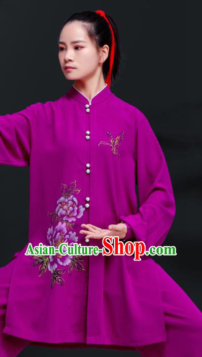 Professional Chinese Tai Ji Sword Performance Clothing Martial Arts Printing Peony Purple Outfits Tai Chi Training Costumes Kung Fu Uniforms