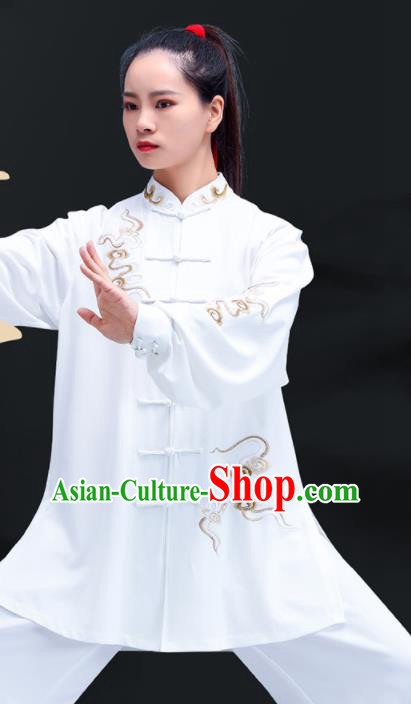 Professional Chinese Kung Fu Performance Outfits Martial Arts Embroidered Clouds Clothing Tai Ji Competition Costumes Tai Chi Training White Uniforms