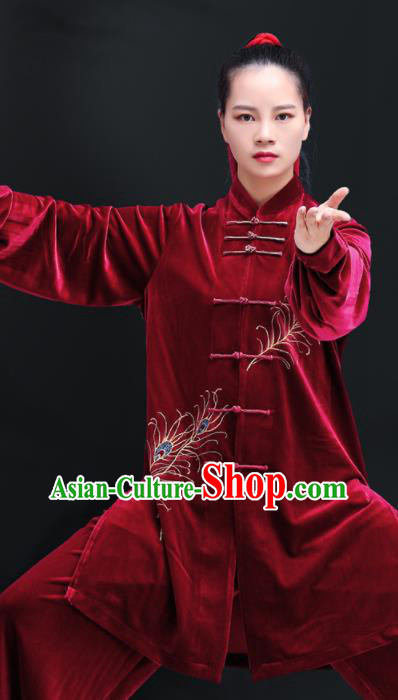 Professional Chinese Tai Ji Sword Performance Costumes Tai Chi Training Uniforms Kung Fu Red Pleuche Outfits Martial Arts Competition Clothing
