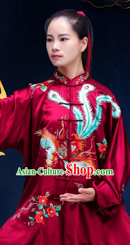 Chinese Tai Chi Training Uniforms Kung Fu Wine Red Silk Outfits Martial Arts Clothing Tai Ji Competition Costumes