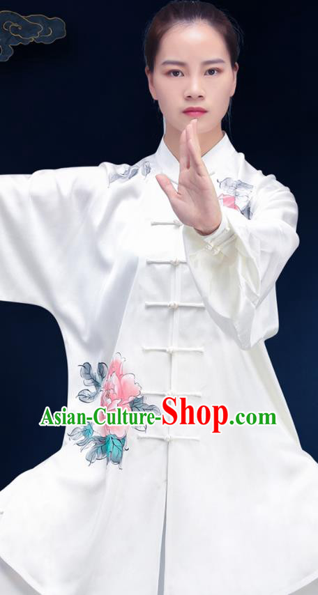 Chinese Tai Ji Competition Costumes Tai Chi Uniforms Kung Fu Training White Silk Outfits Martial Arts Painting Peony Clothing