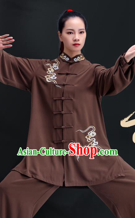 Professional Chinese Kung Fu Brown Outfits Martial Arts Embroidered Clouds Clothing Tai Ji Performance Costumes Tai Chi Training Uniforms