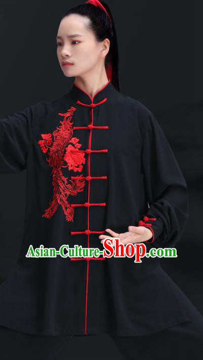 Chinese Kung Fu Black Outfits Martial Arts Embroidered Phoenix Peony Clothing Tai Ji Competition Costumes Tai Chi Training Uniforms