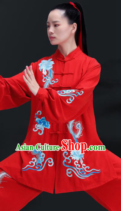 Chinese Martial Arts Clothing Kung Fu Competition Costumes Tai Chi Training Uniforms Embroidered Phoenix Peony Red Outfits