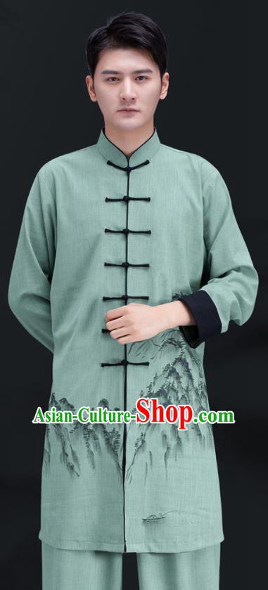 Chinese Kung Fu Painting Landscape Clothing Martial Arts Garment Costumes Tai Chi Training Green Uniforms for Men