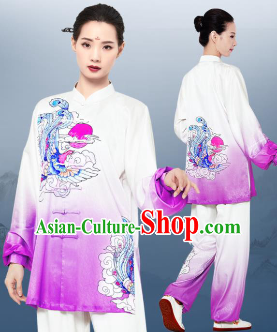 Chinese Wushu Competition Printing Phoenix Outfits Martial Arts Clothing Kung Fu Costumes Tai Chi Training Gradient Purple Uniforms