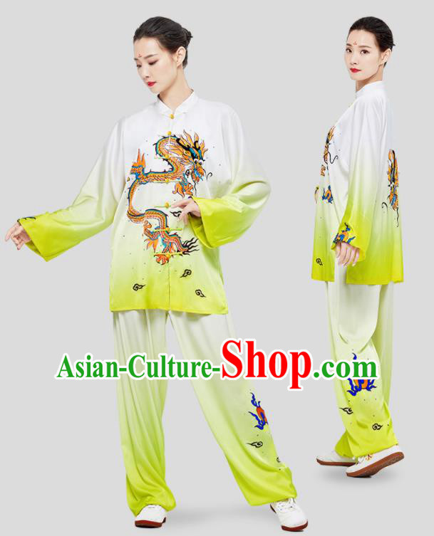 Chinese Wushu Competition Outfits Martial Arts Kung Fu Clothing Tai Ji Sword Garment Costumes Tai Chi Printing Dragon Green Uniforms