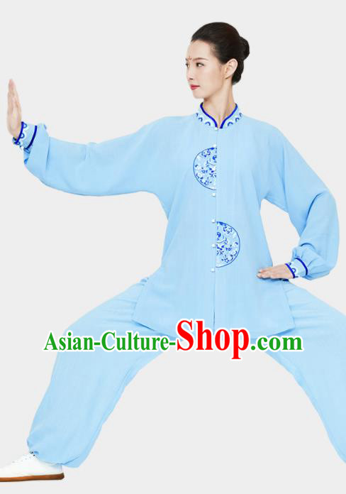 Chinese Martial Arts Kung Fu Clothing Tai Ji Sword Garment Costumes Tai Chi Blue Uniforms Wushu Competition Outfits