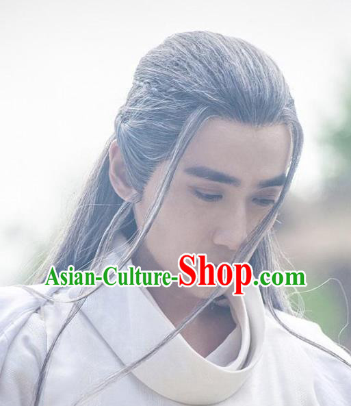 Handmade Chinese Ming Dynasty Taoist Wigs Ancient Swordsman Headwear Drama Vagabondize Fu Hongxue Grey Chignon Headdress