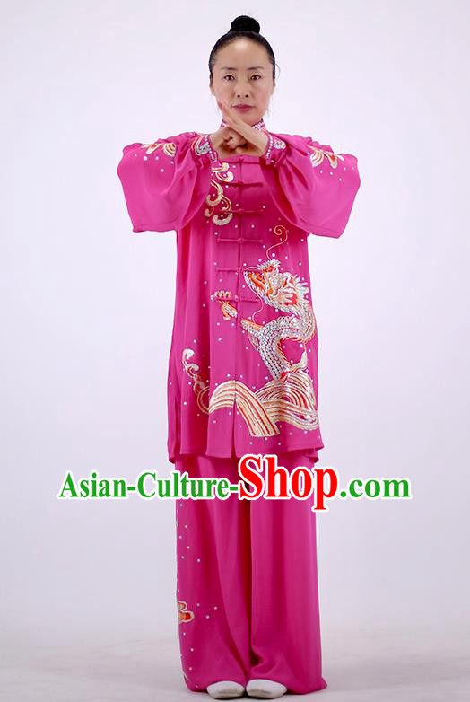 China Kung Fu Tai Ji Costumes Tai Chi Performance Rosy Uniforms Wushu Group Competition Clothing Martial Arts Embroidered Sequins Dragon Outfits