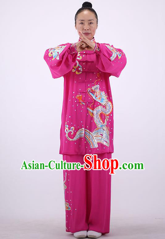 China Wushu Group Competition Clothing Martial Arts Embroidered Dragon Rosy Outfits Kung Fu Costumes Tai Chi Performance Uniforms