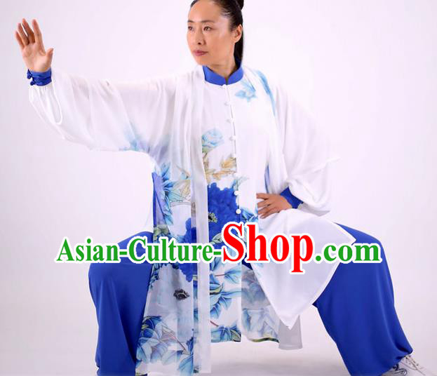 China Wushu Competition Outfits Tai Ji Kung Fu Painting Peony Costumes Tai Chi Performance Blue Uniforms Martial Arts Clothing