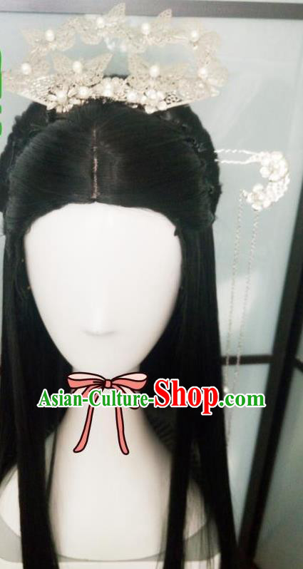 China Ancient Swordswoman Black Wigs Traditional Drama City of Desperate Love Ye Zhen Hanfu Chignon Hairpieces Cosplay Fairy Princess Wig Sheath