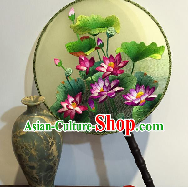 China Handmade Silk Round Fan Traditional Craft Fans Vintage Silk Fan Embroidery Lotus Palace Fan