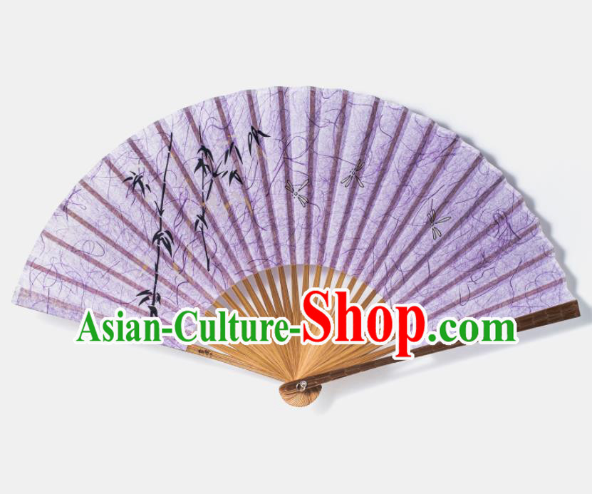 Handmade Chinese Printing Folding Fan Bamboo Fan Female Purple Silk Accordion Craft Fans