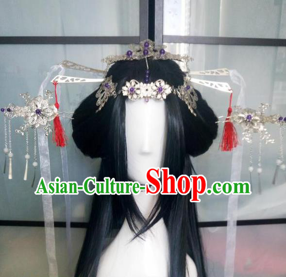 China Ancient Goddess Black Wigs Traditional Drama The Journey of Flower Hanfu Chignon Hairpieces Cosplay Swordswoman Hua Qiangu Wig Sheath