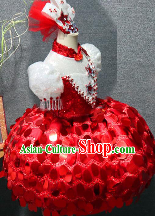 Top Girl Catwalks Red Bubble Dress Children Stage Show Clothing Girls Compere Formal Evening Wear Costume