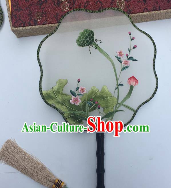 China Double Sided Embroidery Lotus Palace Fan Traditional Cheongsam Dance Fan Handmade Craft Silk Fans Vintage Hanfu Fan