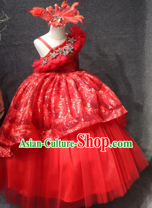 Top Girls Compere Formal Evening Wear Costume Girl Catwalks Red Veil Long Dress Children Stage Show Clothing