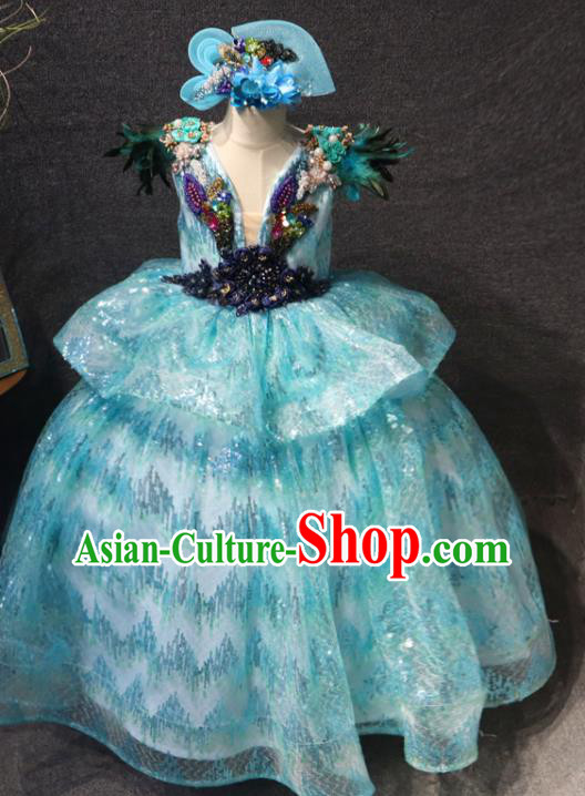 Top Children Stage Show Embroidered Sequins Clothing Girls Compere Formal Evening Wear Costume Girl Catwalks Blue Long Dress