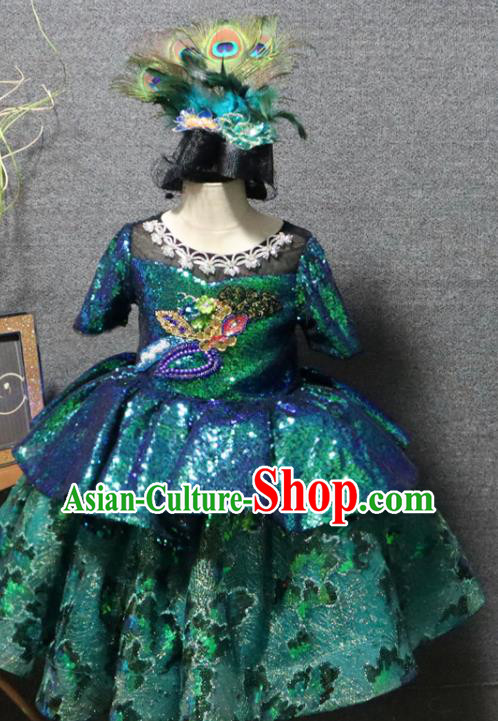 Top Girl Chorus Garment Catwalks Green Sequins Dress Christmas Party Formal Evening Wear Children Day Performance Clothing