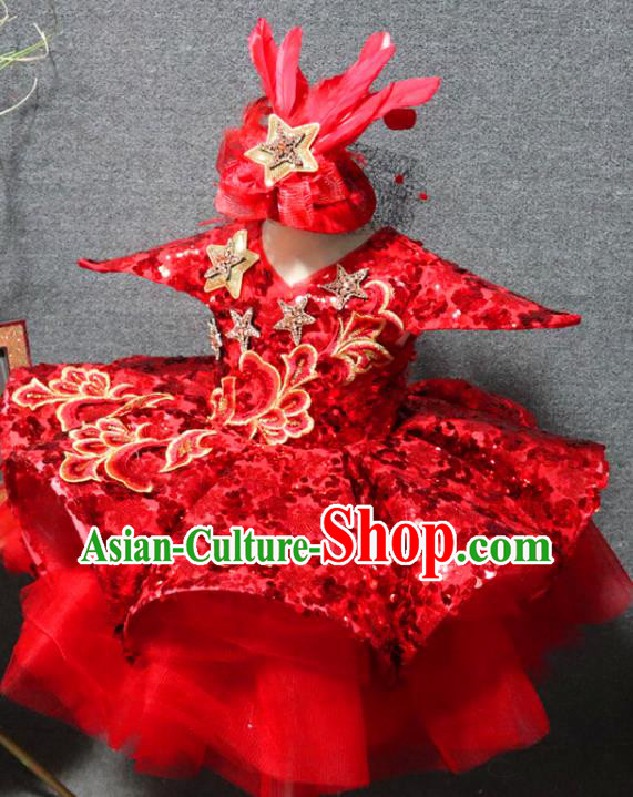 Top Children Day Performance Clothing Girl Chorus Garment Catwalks Red Sequins Dress Christmas Party Formal Evening Wear