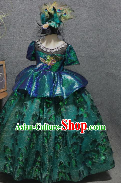 Top Catwalks Green Sequins Full Dress Christmas Formal Evening Wear Children Day Performance Clothing Girl Chorus Garment