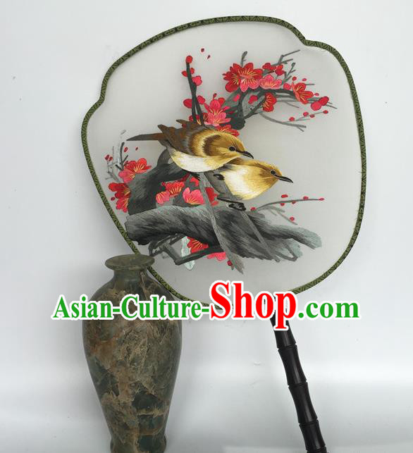 China Traditional Court Fan Vintage Palace Fan Handmade Suzhou Embroidery Plum Birds Silk Fan Ancient Hanfu Dance Fans