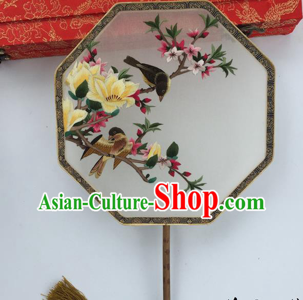 China Vintage Palace Fan Handmade Suzhou Embroidery Mangnolia Fan Ancient Hanfu Octagon Fans Traditional Cultural Dance Silk Fan