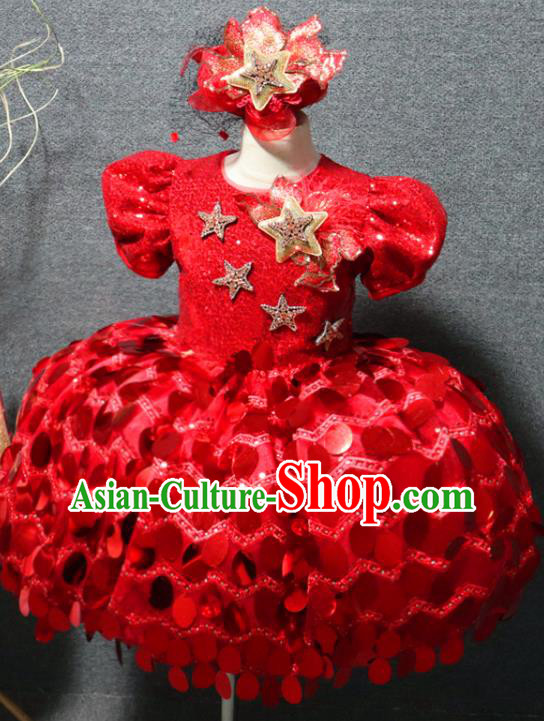 Top Children Princess Stage Show Clothing Chorus Performance Garment Girl Catwalks Red Bubble Dress Christmas Formal Evening Wear