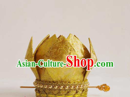 China Ancient Empress Golden Lotus Hair Crown Traditional Hanfu Hair Accessories Tang Dynasty Taoist Nun Headpiece