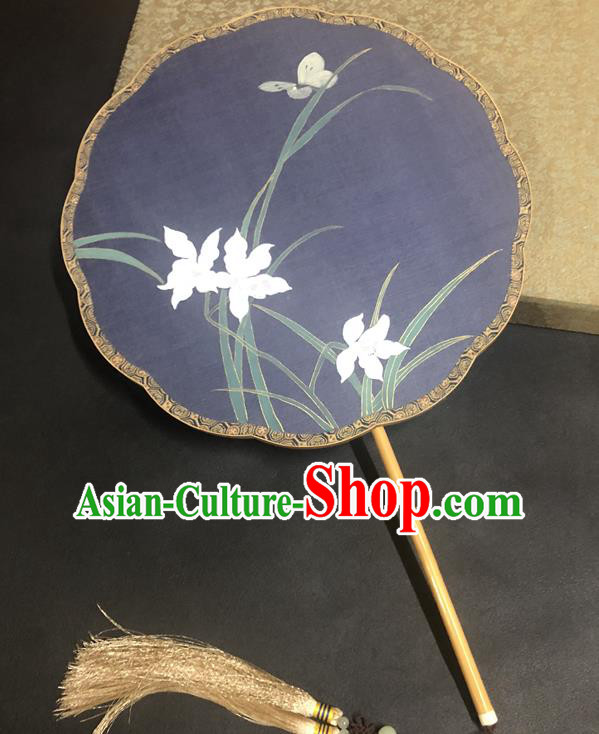 China Ancient Hanfu Fans Traditional Ming Dynasty Navy Silk Fan Vintage Palace Fan Handmade Painting Orchids Fan